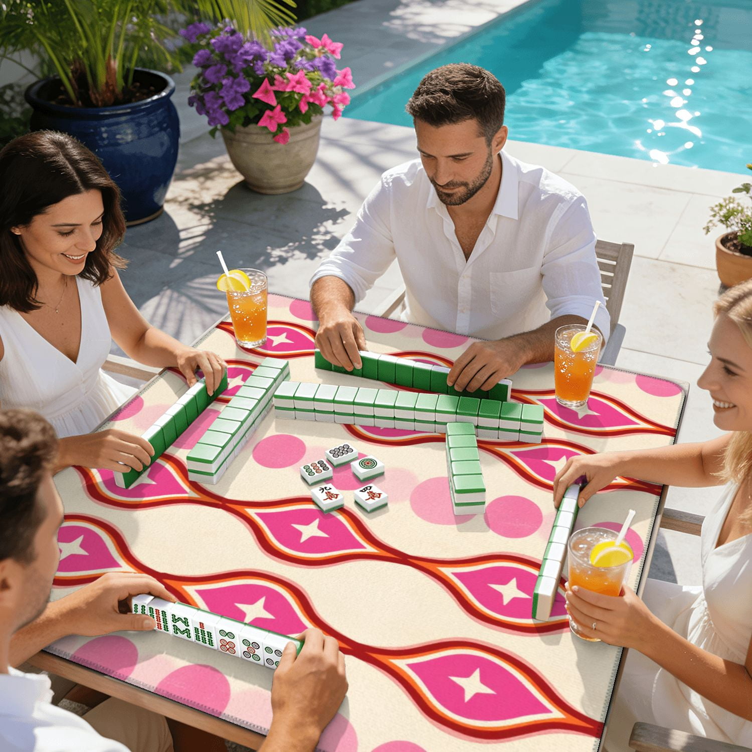 Mahjong Mat 31.5" x 31.5" Retro Pink Orange Geometric Star Accents Non-Slip Noise Reduction American Mahjong Tiles Table Cover for Dominoes Poker Card Board Games Gift