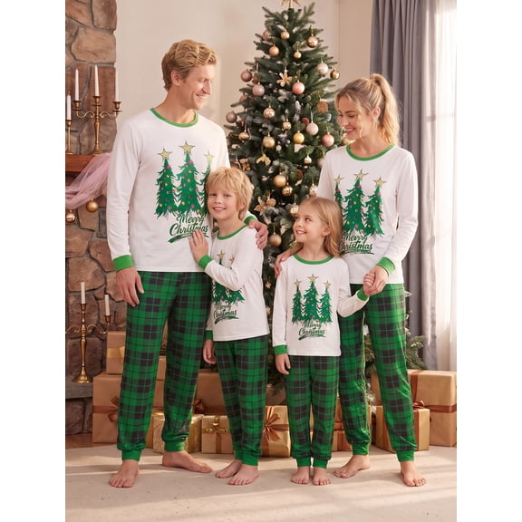 Family Matching Christmas Pajamas Long Sleeve Tops and Plaid Pants