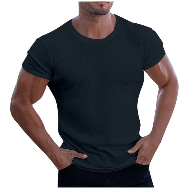 asjyhkr Plus Size T Shirts for Men Crewneck Knit Tops Stretchy Casual Workout Solid Basic T Shirts