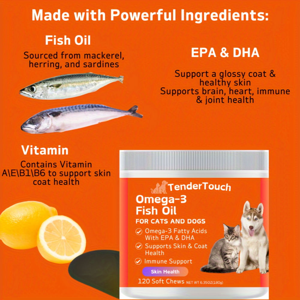 TenderTouch Omega 3 Fish Oil Supplement for Dogs & Cats, Omega 3 Fish Oil for Skin and Coat Health, Immunity, Joint, Brain & Heart, EPA + DHA
