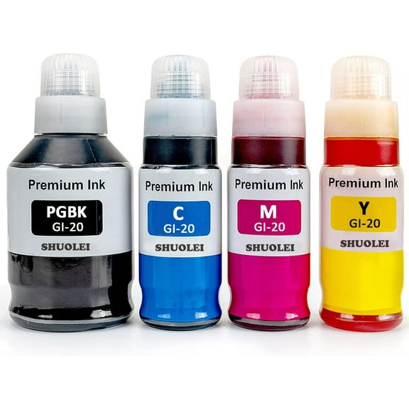 bf Compatible Refill Ink GI-20 Replacement for Canon GI-20 GI20 Ink Bottles Kit for Canon PIXMA G5020 G6020 G7020 MegaTank Printers (4 Packs, Black Cyan Magenta Yellow)