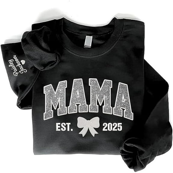 Personalized Embroidered Mama Sweatshirt With Glitter, Mom Sweatshirt For Women, Custom Mama Embroidered, Unisex Sweatshirt-LINHKHA