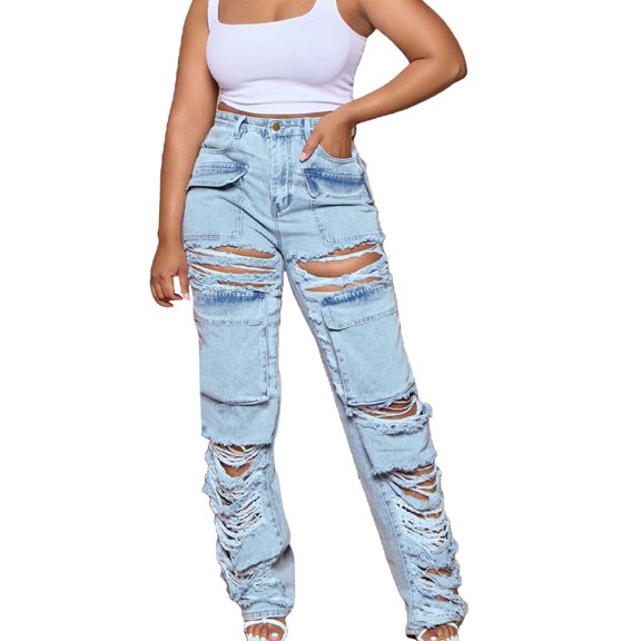 Bigersell Plus Size Black Jeans Jeggings Clearance Ladies Jeans High Waisted Wide-Leg Denim Pants Button Closure Washed Ripped Pull On Jeans Female Fitted Mid Waist Long Pants Style J-135 Blue S