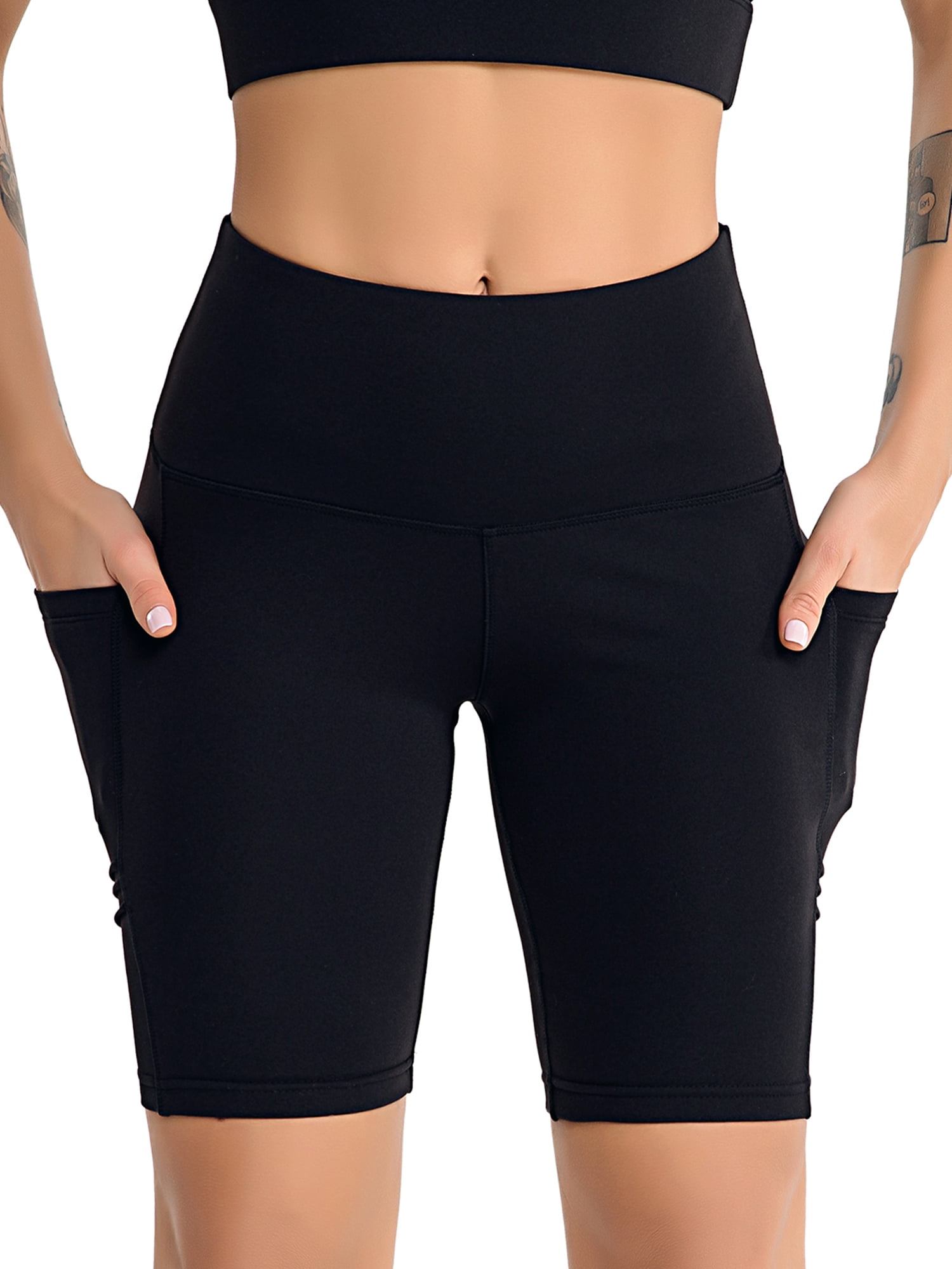 Women High Waist Yoga Shorts Pants w/ Pocket Hip up Sport Tummy Control Leggings 
