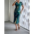 thumbnail image 4 of Women'S Tie Dye Crew Neck Hem Bodycon Short Sleves Dress Long Dresses Green S, 4 of 6
