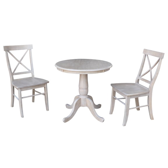 Wood Pedestal Dining Table and 2 X-back Chairs in Washed Gray Taupe - Set of 3