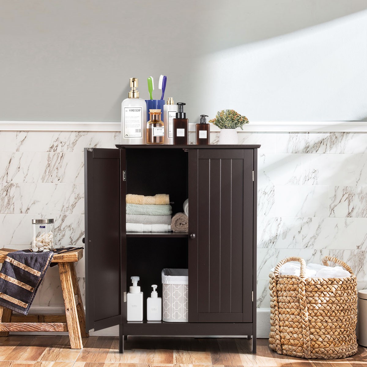 RTYJGD bathroom floor standing storage cabinet, double door bathroom storage cabinet, MDF waterproof storage cabinet suitable for bathroom bedrooms 23.5  14  34 inches