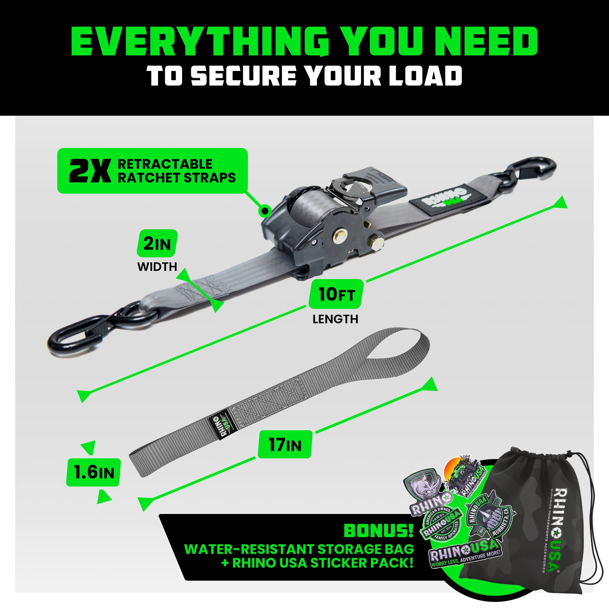 Rhino USA Heavy Duty 2" x 10' Retractable Ratchet Straps 3,033lb Break Strength (Gray 2-Pack)