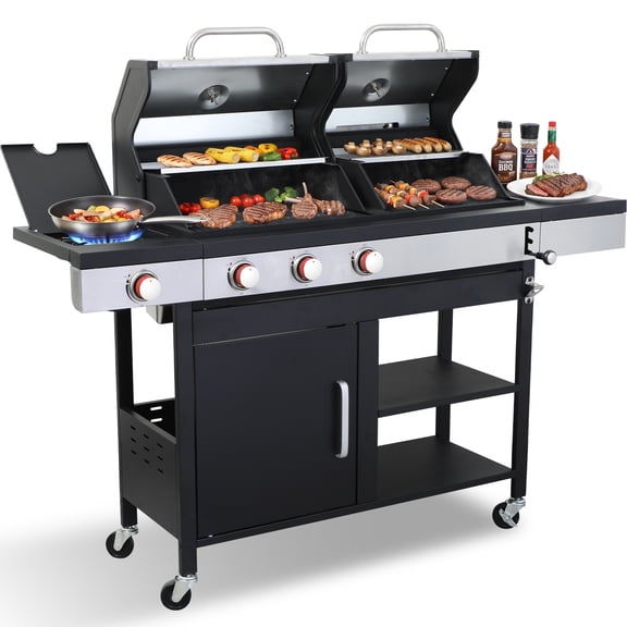 Charcoal and 3-Burner Propane Gas Combo Grill with Cast iron Griddle & Porcelain-enameled Cast Iron Grates, Dual Fuel BBQ Combo Grill for Outdoor Cooking