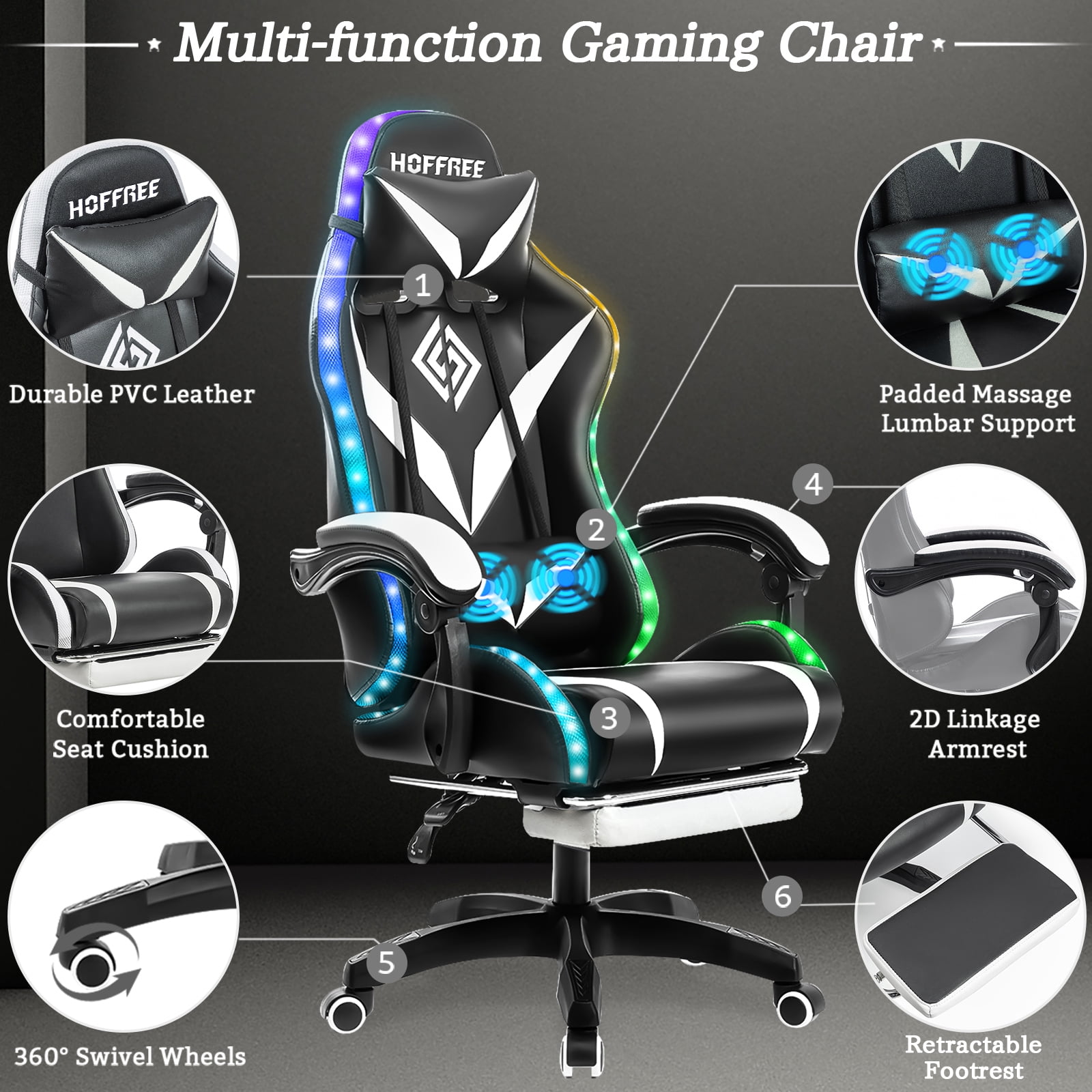 HOFFREE Gaming Chair with Massage and LED RGB Lights Ergonomic Computer Chair with Footrest High Back Video Game Chair with Adjustable Lumbar Support Linkage Armrest for Home Office