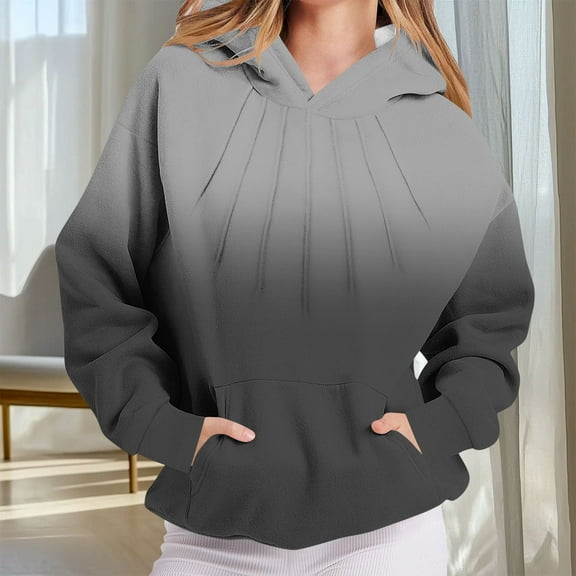 XUNKUSGA Women Hoodies Gradient Pleated Plain Hoodies Casual Long Sleeve Pullover Hoodies Loose Comfy Hooded Sweatshirt Women's Clothing S-3XL