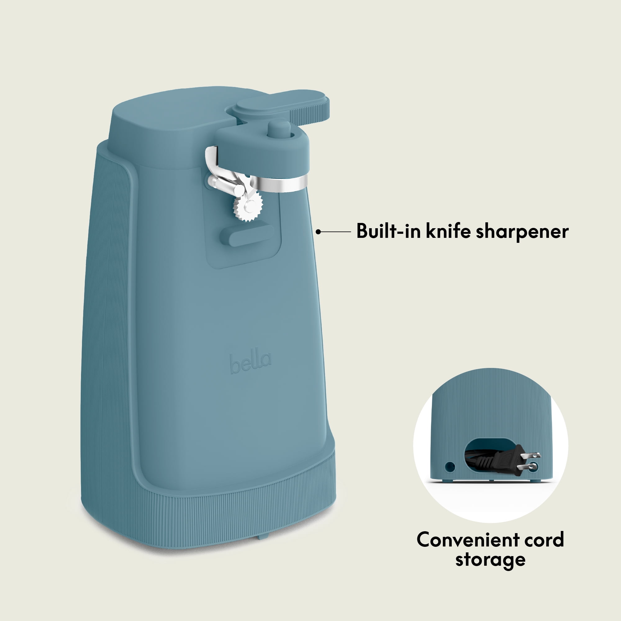 bella Electric Can Opener with Stainless Steel Cutting Blade and Cord Storage, Surf