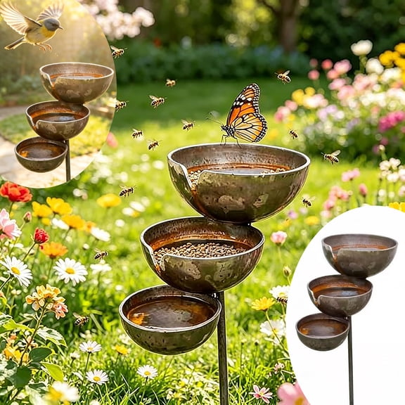 Gcvizuso Bird Feeder, 3-Layer Metal Rain Catcher Garden Stake & Bird Bath Bowl, Rustic Vintage Outdoor Decor for Lawn & Garden, Attract Hummingbirds, Birds & Butterfly