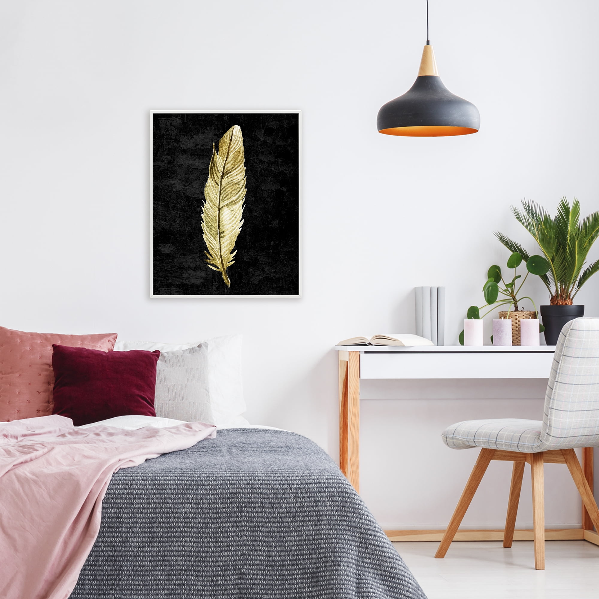 Curved Feather on Black White Framed Giclee Art, design by Kim Allen