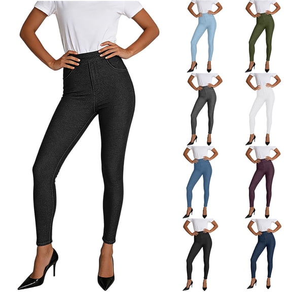 ZHYou Womens Leggings Jeans Slim Fit Elastic High Waist Tummy Control Skinny Pull On Demin Pants,Black,Size L