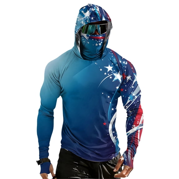GrmtClth Fishing Shirts for Men Patriotic American Flag Pattern Summer Long Sleeve Trendy Hoodie with Face Mask Upf 50 Sun Protection Top Blue 4XL