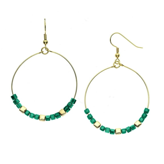 X & O 14KT Gold Plated Cube with Teal Gray Glass Cube Beads Earrings