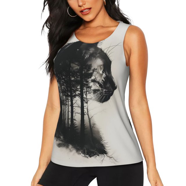 Fotbe Double Exposure Cat Forest Blusas Sin Mangas para Mujer – Estilo Casual, Corte Suelto, Slim-Fit, Cuello Redondo Deportivo, Tops de Verano para Gimnasio y Yoga-XX-Large