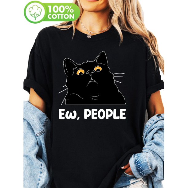 Halloween T-shirt - Women'S Black T-Shirt with "Ew, People" Graphic - Funny Cat Design, Short Sleeve Crew Neck, Casual Summer Top for Women and Men, Casual Wear | Playful Cat Design | Fabric