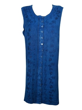 Mogul Womens Shift Dress Blue Embroidered Button Front Sleeveless Boho Chic Dresses
