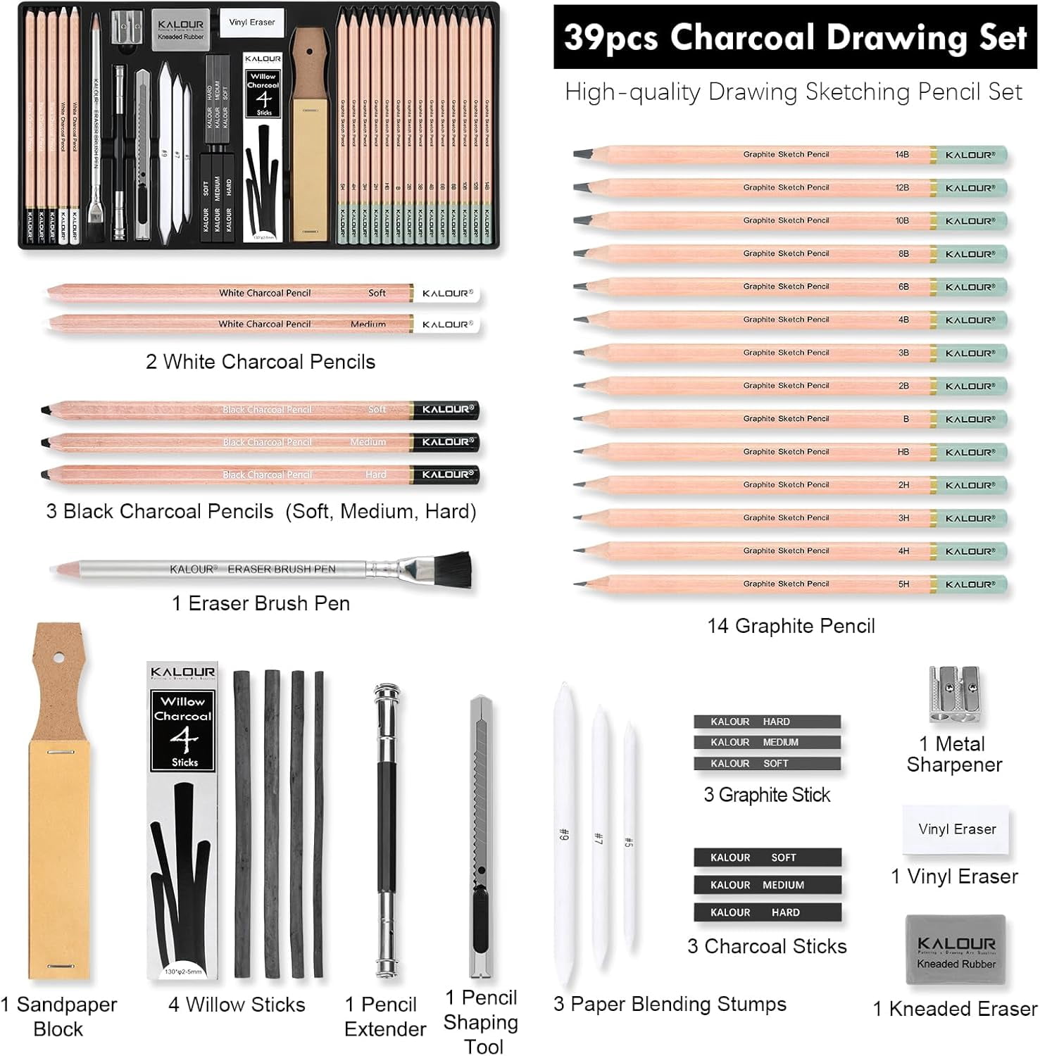 39pcs Drawing Pencil Set, Professional Sketching Kit with Graphite, Charcoal & Sketch Pencils for Drawing, Complete Drawing Kit for Artists & Beginners