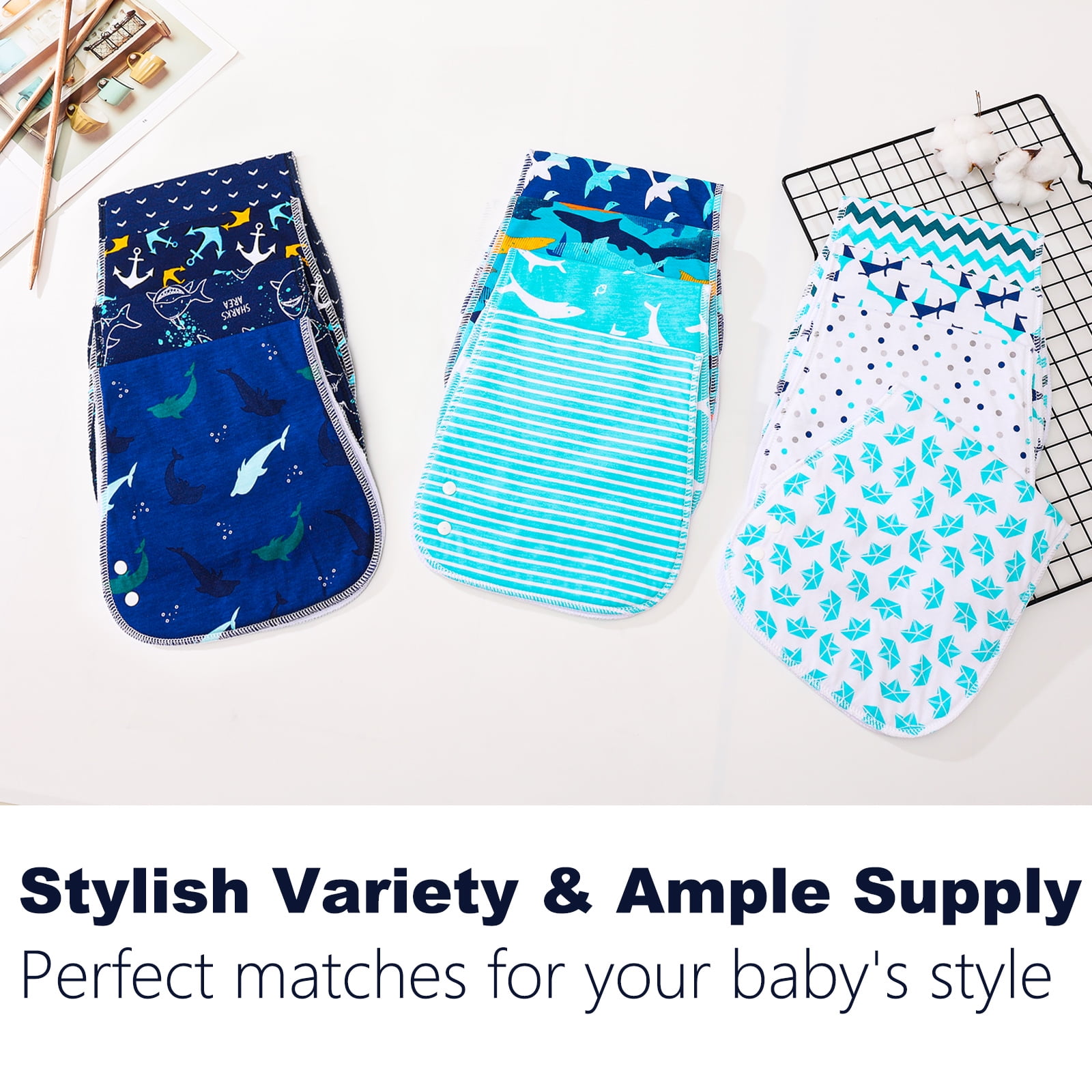 2-in-1 Baby Bibs & Burp Cloths Set, 3-Layer Design, Large Size, Super Absorbent, 100% Organic Cotton, Soft & Comfortable，12-Pack