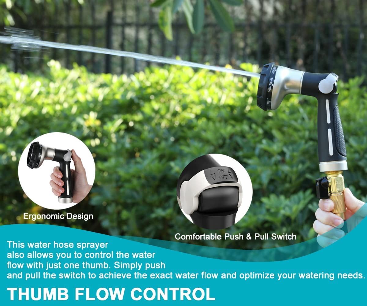 Garden Hose Nozzle Sprayer, 100% Heavy Duty Metal Water Hose Nozzle with 8 Different Spray Patterns, High Pressure Hand Sprayer for Watering Plant & Lawn, Washing Car & Pet