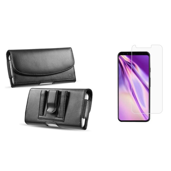 Luxmo PU Leather Belt Holster Card Slot Carry Case (Black) for Google Pixel 4 with Tempered Glass Screen Protector and Atom Cloth