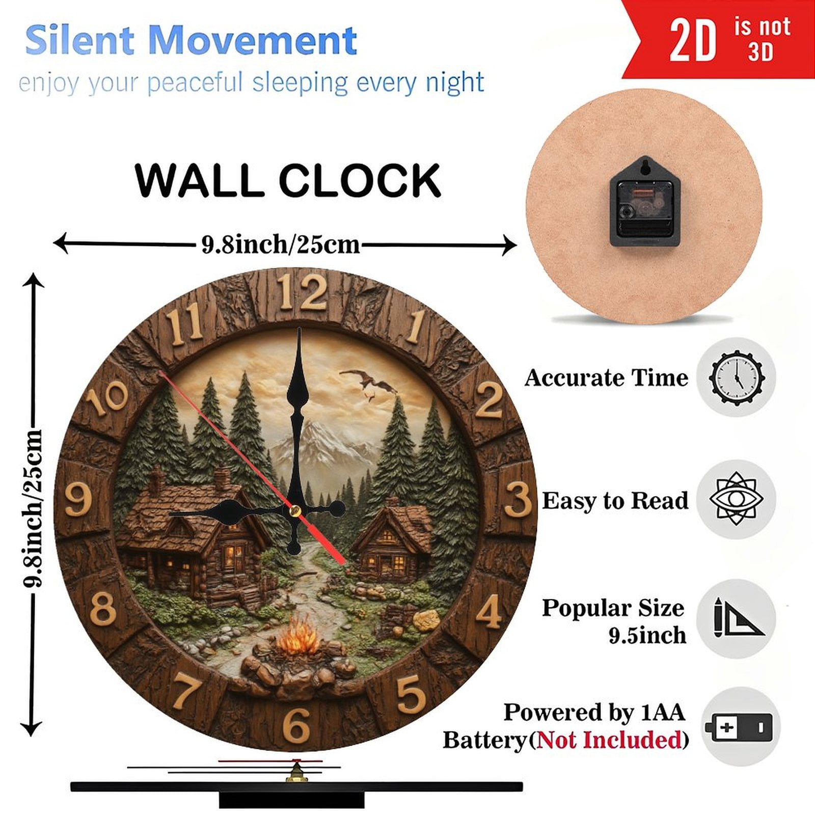 Rustic Cabin Mountain Scene Wall Clock Wood Log Cabin Home Decor 10-Inch Silent Wooden Wall Clock, Battery Operated (AA Batteries Not Included), Artistic Home Decor