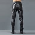 thumbnail image 2 of Men's Full-Length Motorcycle Biker Pants Stretchy PU Faux Leather with Color-Block Patchwork Cone-Shaped Slim Fit Outdoor Casual Trousers, 2 of 7