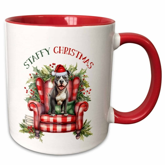 3drose, Staffordshire Terrier Dog Is Adorable in a Santa at for Christmas, 15oz Two-tone Red Mug