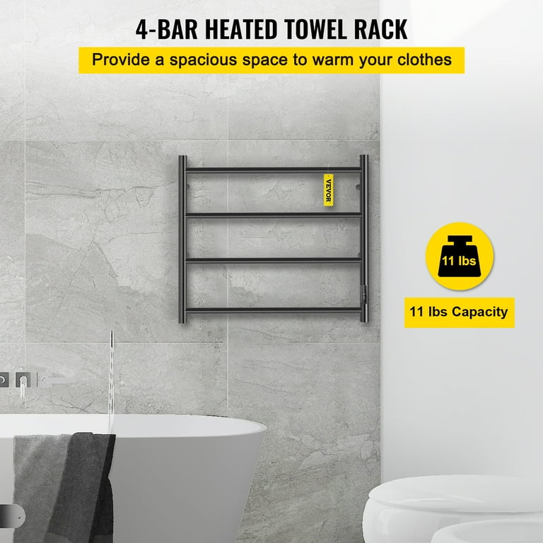 VEVORbrand 4 Bar Heated Towel Rack Electric Towel Heater Warmer w Timer Wall Mounted Plug in Bath Towel Warmer Matte Black Stainless Steel Walmart