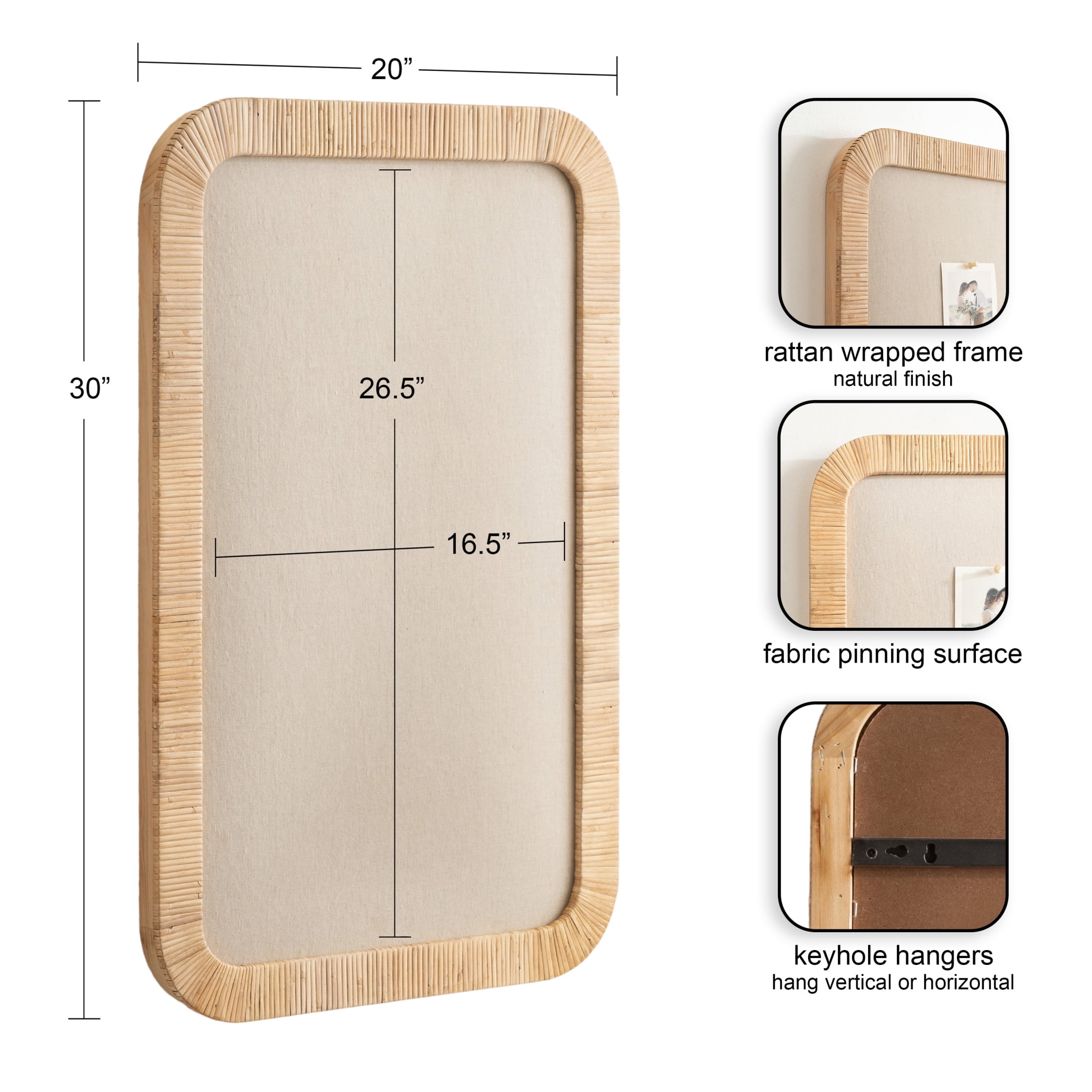 Kate and Laurel Rahfy Modern Rattan Framed Wall Pinboard, 20 x 30, Natural Rattan, Boho Rounded Rectangle Bulletin Board for Use as Motivational Vision Board or Wall Organizer