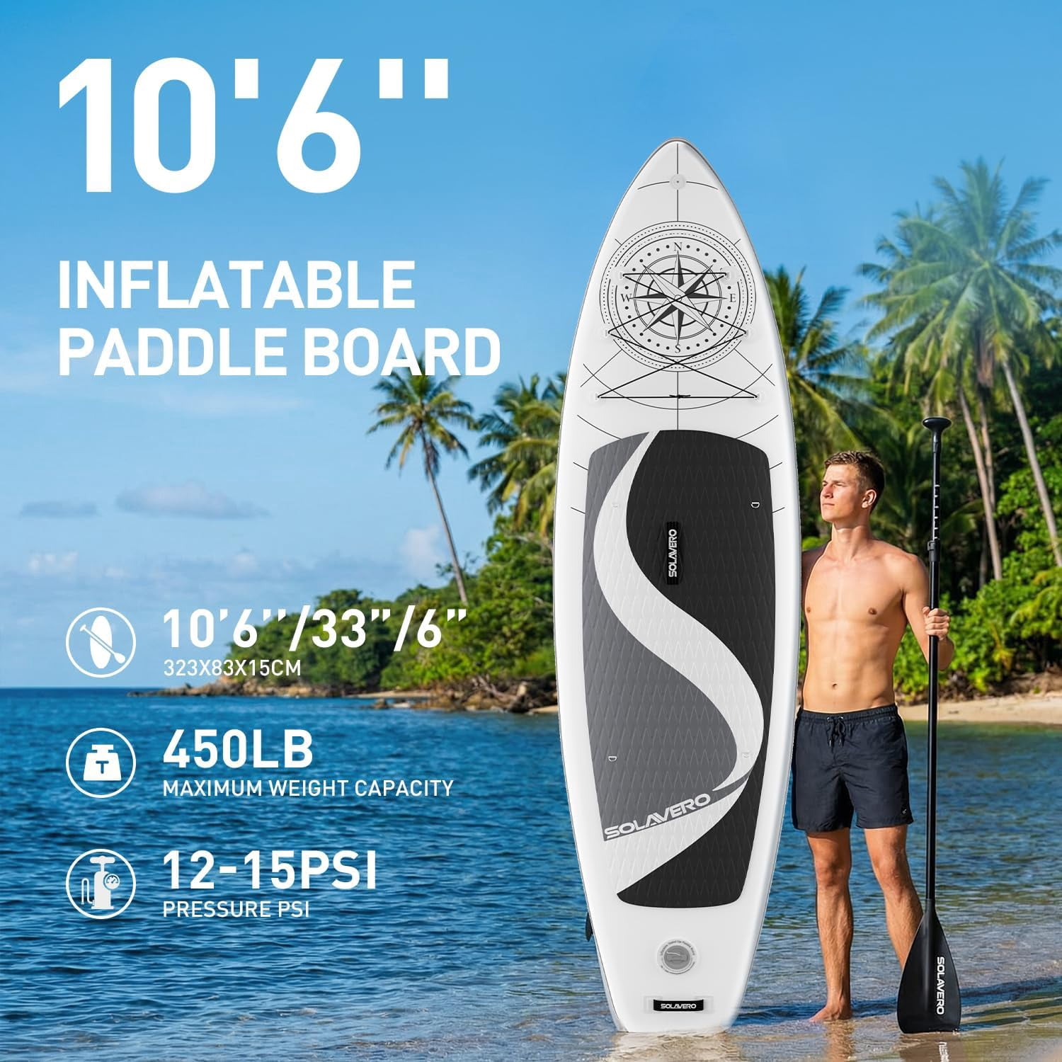 SOLAVERO 10'6" Inflatable Stand Up Paddle Board, Ultra-Light SUP Board with Accessories, Anti-Slip EVA Deck for Adults
