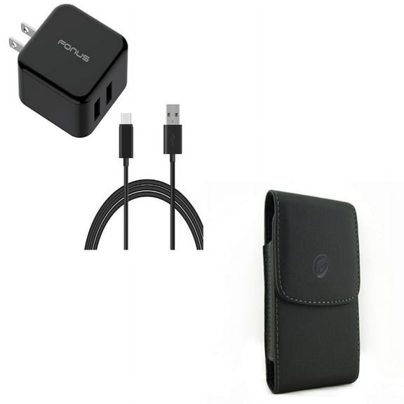 Black Vertical Leather Case w 30W 2-Port USB Quick Home Charger 6ft Type-C Fast Cable J2Y Compatible With Google Pixel 3a XL