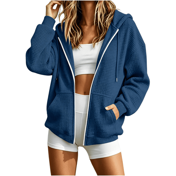CBASIHI Womens Waffle Knit Oversized Sweatshirts- Lightweight Zip Up Fall Casual Trendy Long Sleeve Hooded Jackets with Kangaroo Pockets Navy Size S-2XL