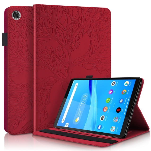 Tree of Life Embossed Case for Lenovo Tab m8 Stand, Card Slots, Stylus Loop Red