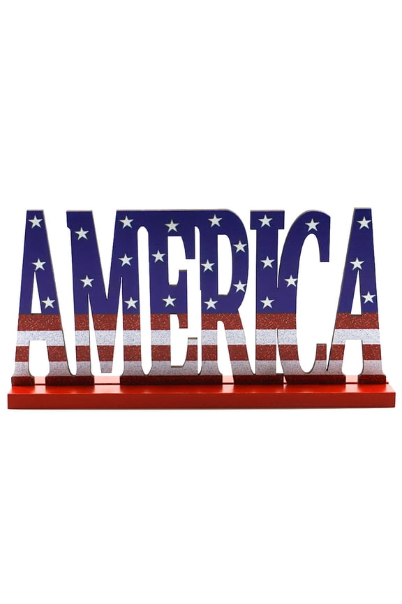 4th of July America Freedom Wooden Sign, Patriotic Table Centerpiece for Independence Day, Red White and Blue Glitter Wood Block Decor for Memorial Day Farmhouse Mantel Shelf