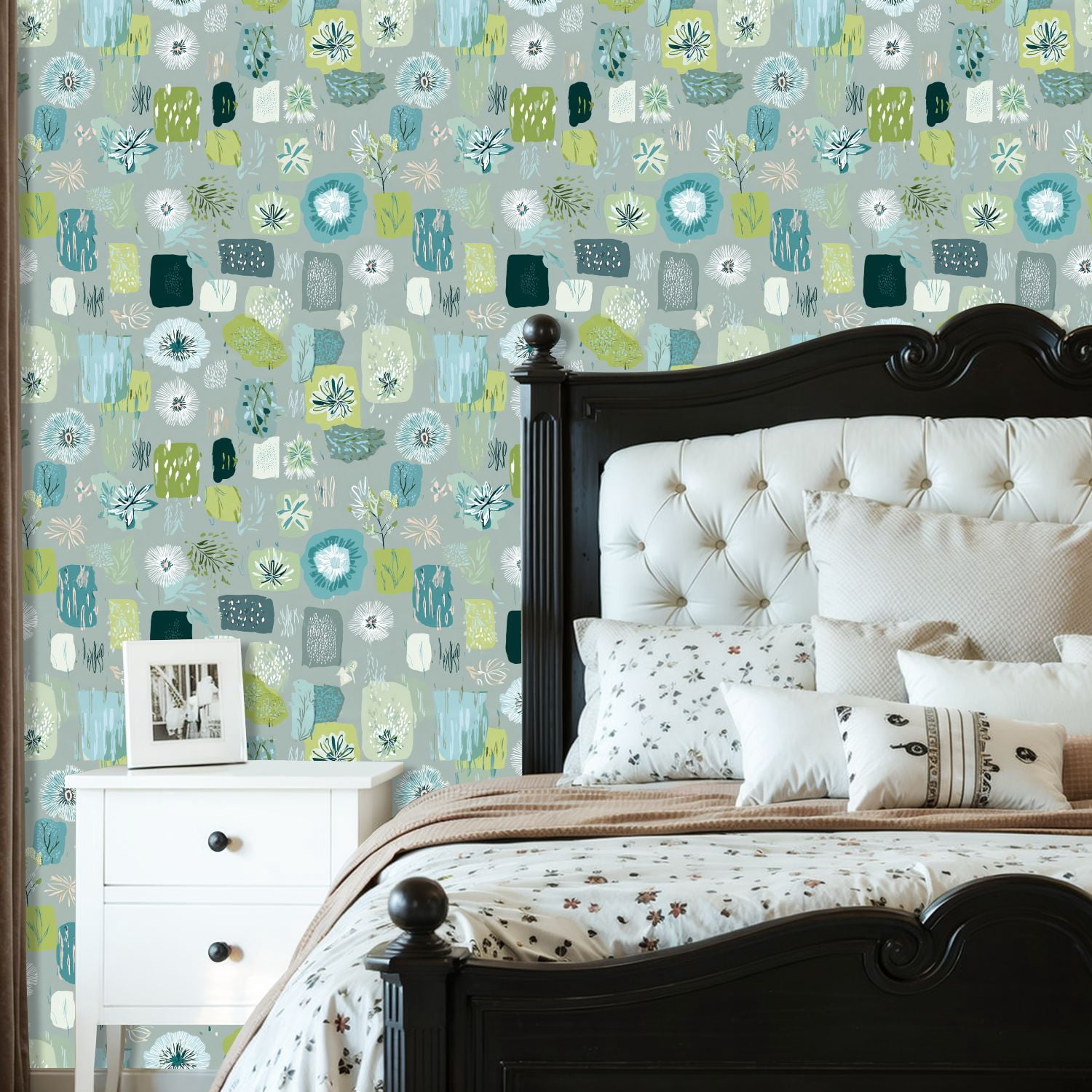 Sage Green Peel and Stick Wallpaper Abstract Botanical Green Blue Floral Elements Wall Mural 23.6in x 9.8ft Self Adhesive Removable Wall Paper Renter Friendly Wallpaper for Girls Bedroom Livingroom