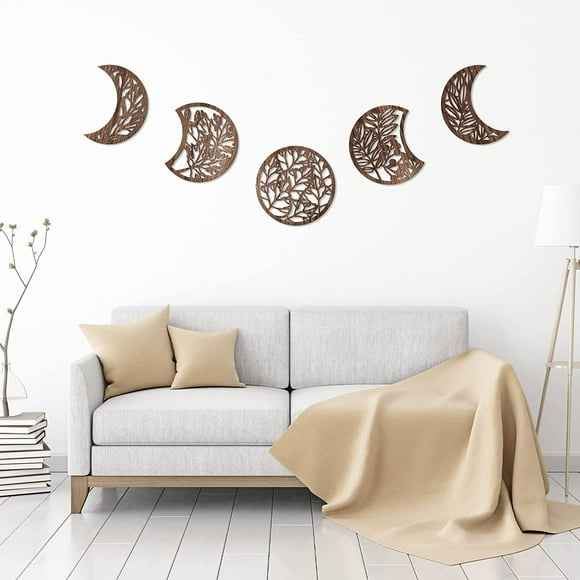 5 Pieces Moon Phase Wall Hanging Decor Wooden Moon Wall Art Nordic Moon Phases Wall Art Moon Decor for Room Bar Ornament