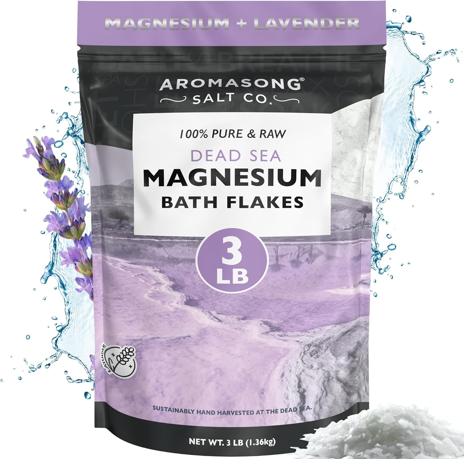 Aromasong Raw Magnesium Dead Sea Bath Salt Flakes 3 lB with 100% Natural Lavender