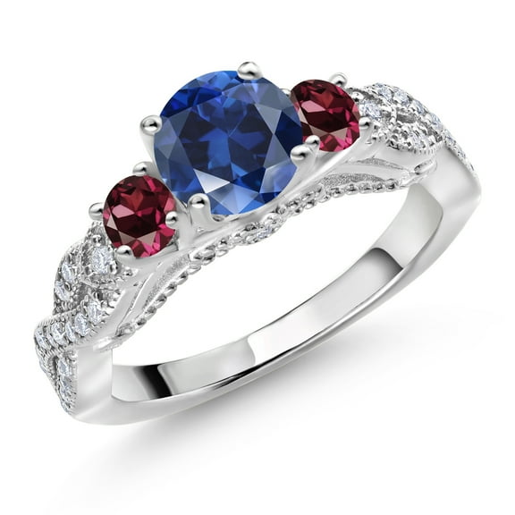 Gem Stone King 925 Sterling Silver Blue Created Sapphire Red Rhodolite Garnet and White Moissanite Engagement Ring for Women (1.51 Cttw, Gemstone September Birthstone, Round 6MM and 3MM, Size 9)