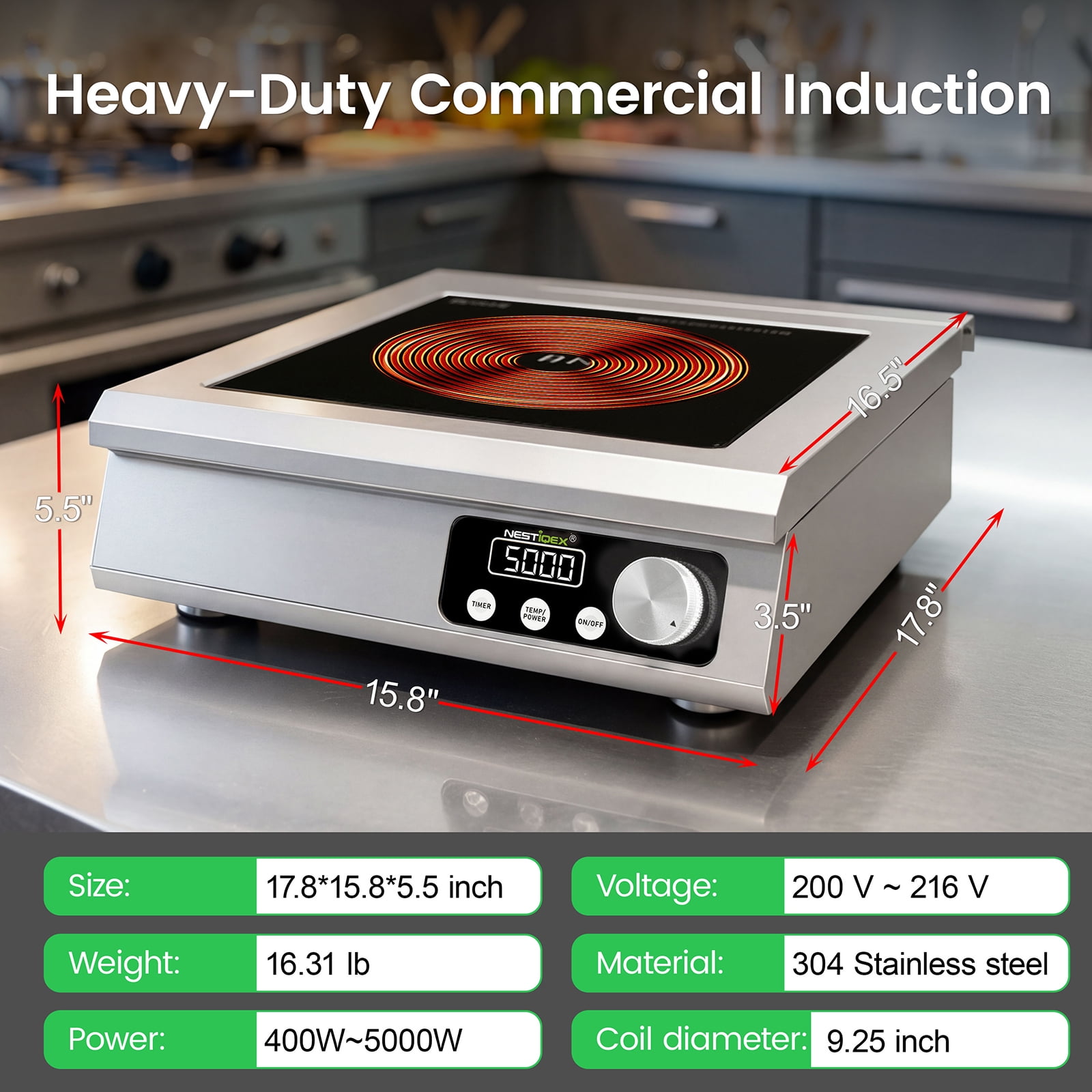 5000W Commercial Induction Cooktop, 208V 3-Phase Large Induction Burner with 20 Power & Temp Levels, 9.25" Large Coil, 24h Timer, Pro Electric Countertop Burners for Restaurant Kitchen