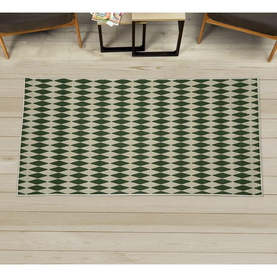 Flower Decorative Rug, Rhombus Pattern with Retro Design Inspirations Vintage Argyle Arrangement, Quality Carpet for Bedroom Dorm and Living Room, 6 Sizes, Hunter Green, by Ambesonne