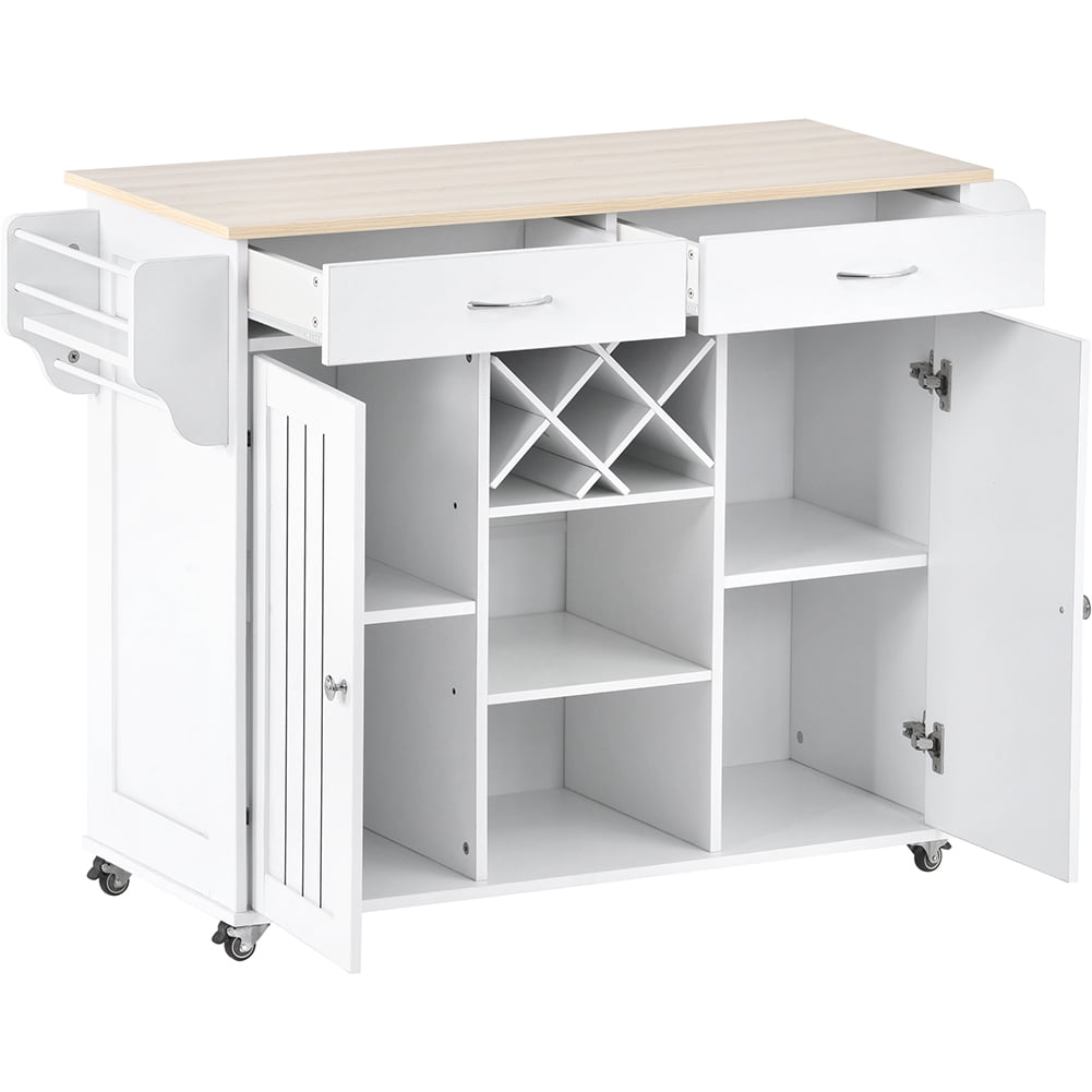 Kadyn Kitchen Island Cart, Kitchen Cart with Two Storage Cabinets and Four Locking Wheels, Kitchen Cart Cabinet with Wine Rack and Two Drawers, White Kadyn Kitchen Island Cart, Kitchen Cart with Two Storage Cabinets and Four Locking Wheels, Kitchen Cart Cabinet with Wine Rack and Two Drawers, White