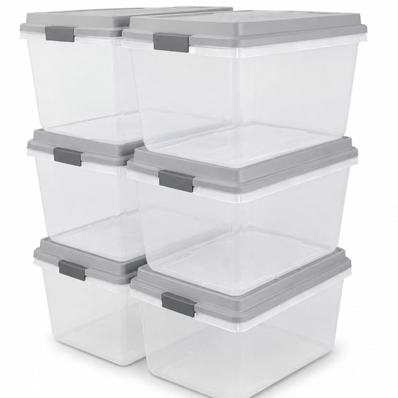 Stackable Plastic Storage Bins with Lids, 72 Qt, 6-Pack Gray Organizer for Home Garage Closet