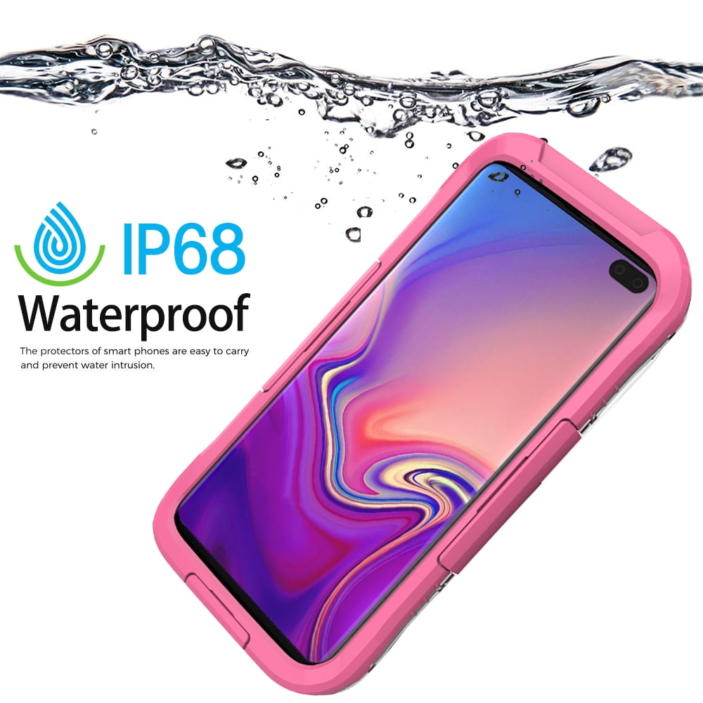 Waterproof Fully Sealed Hard Case For Samsung Galaxy S10 Plus With Plastic Screen Protector Cover For Swimming, Beach, Camping, Vacation Outdoor Use (Pink)