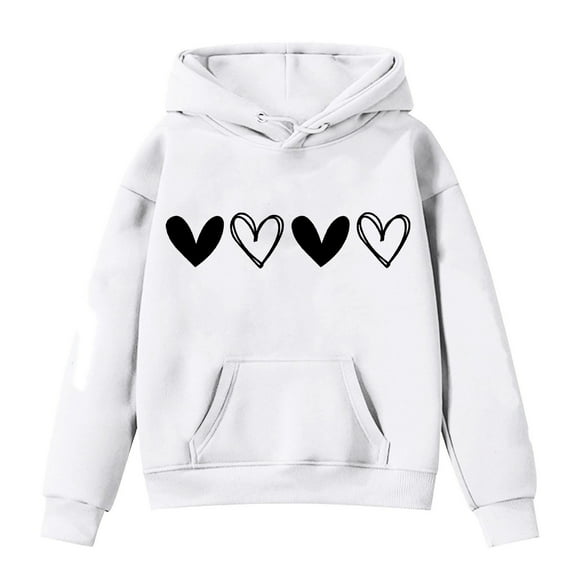 KKBOTIVE Valentines Day Sweatshirt for Girls Casual Heart Print Hoodie Valentine Sweater Loose Fit Cozy Soft Pullover Kids Daily Fall Winter Wear, White Size: 11-12 Years