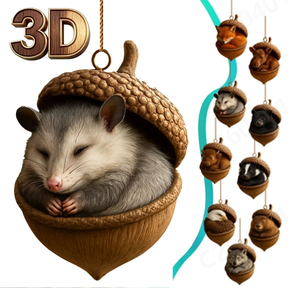 Forest Animal Acorn Ornaments 3D, Detailed Woodland Creature Figurines in Acorn Shell, Shatterproof Resin Christmas Tree Ornaments, Unique Animal Lover Gift Idea, Christmas Decor Set, A