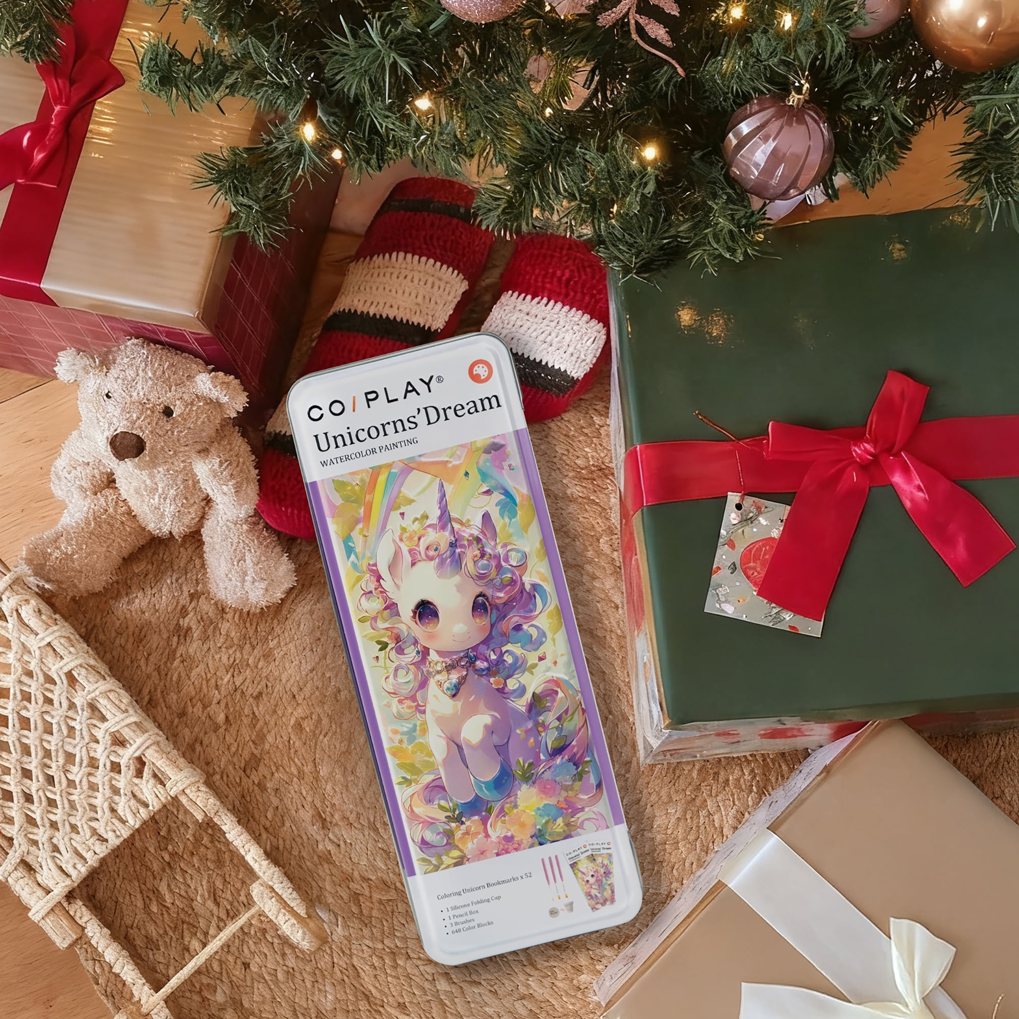COIPLAY: Watercolor Painting Art Kit - Unicorns Dream - Tin Box, 52 Enchanting Bookmarks, 648 Color Blocks, 3 Brushes, Silicone Cup, Adults-Kids 6+